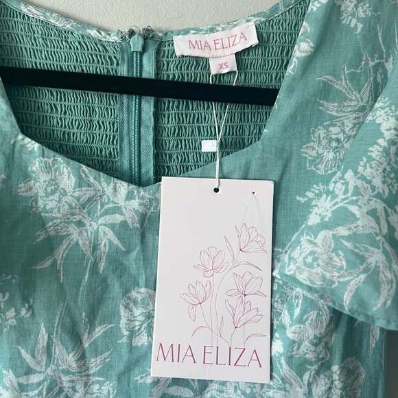 Mia Eliza Floral Smocked Back Mini Dress Sage Green Cottagecore Tea Dress XS NWT - Picture 2 of 4